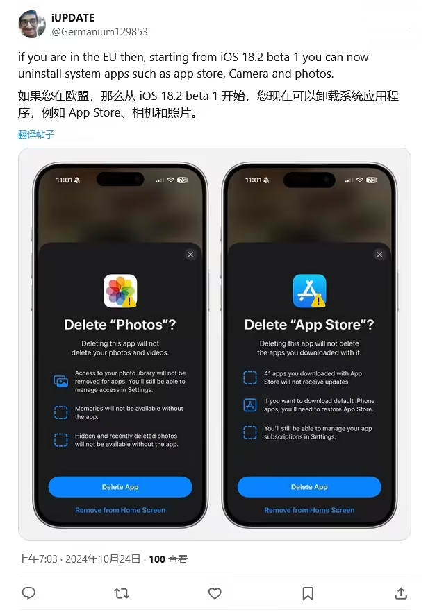 红桥苹果手机维修分享iOS 18.2 支持删除 App Store 应用商店 