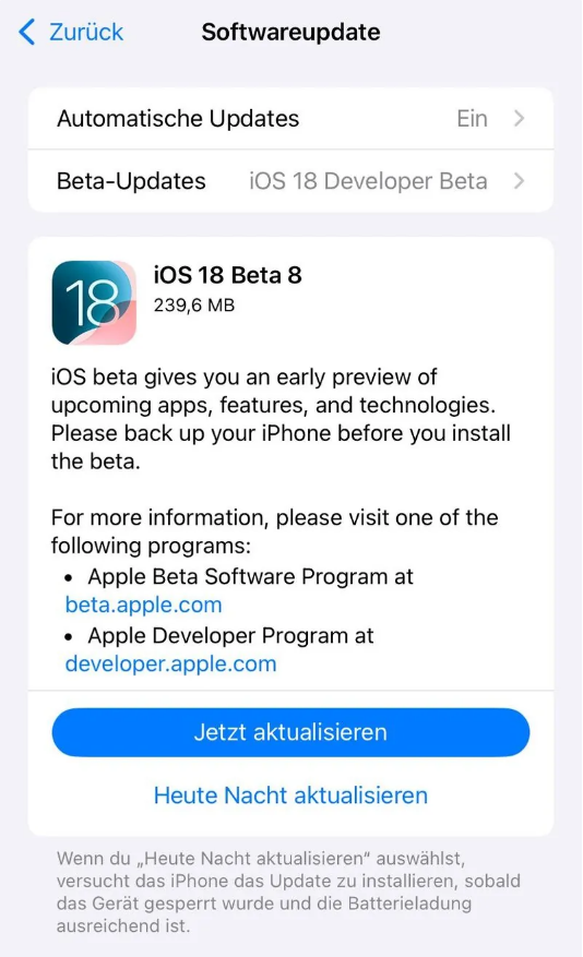 红桥苹果手机维修分享苹果 iOS / iPadOS 18 开发者预览版 Beta 8 发布 